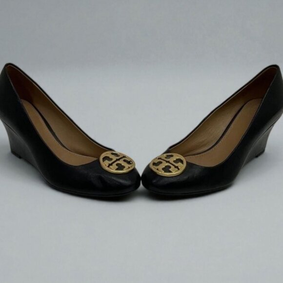 Tory Burch Chelsea Black Leather Wedge Hell Women's Shoes Size 6 - Picture 2 of 5